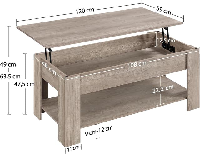 Thumbnail 2 de Yaheetech mesa centro elevable con estante gris 120x59 cm