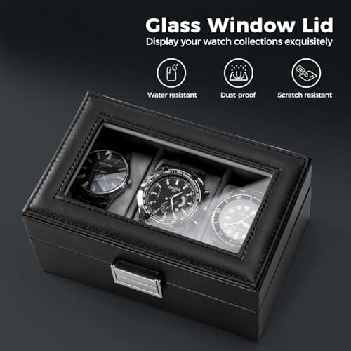 Detalle de ProCase caja para 3 relojes con tapa de cristal y cojín extraíble (negro)