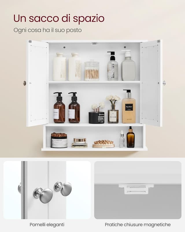 Detalle de VASAGLE Armadio da bagno con specchiera e 2 ante a specchio LHC002, ripiano regolabile e montaggio a parete