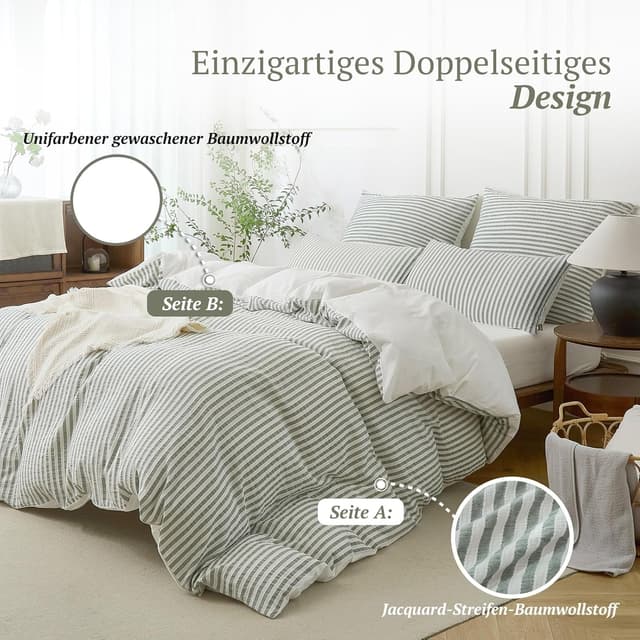 Detalle de SOULFUL Bettwäsche 135x200 aus Baumwolle, 4-teilig mit Jacquard-Streifen in Salbei Grün