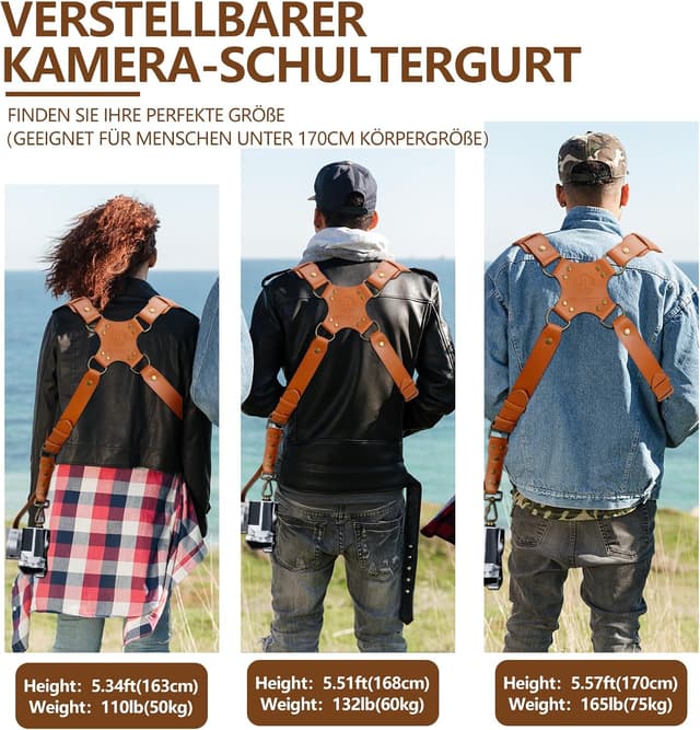 Detalle de 4J LEDR Dual-Kameragurt aus Leder – Doppel-Schultergurt für 2 Kameras mit Schnellverschluss