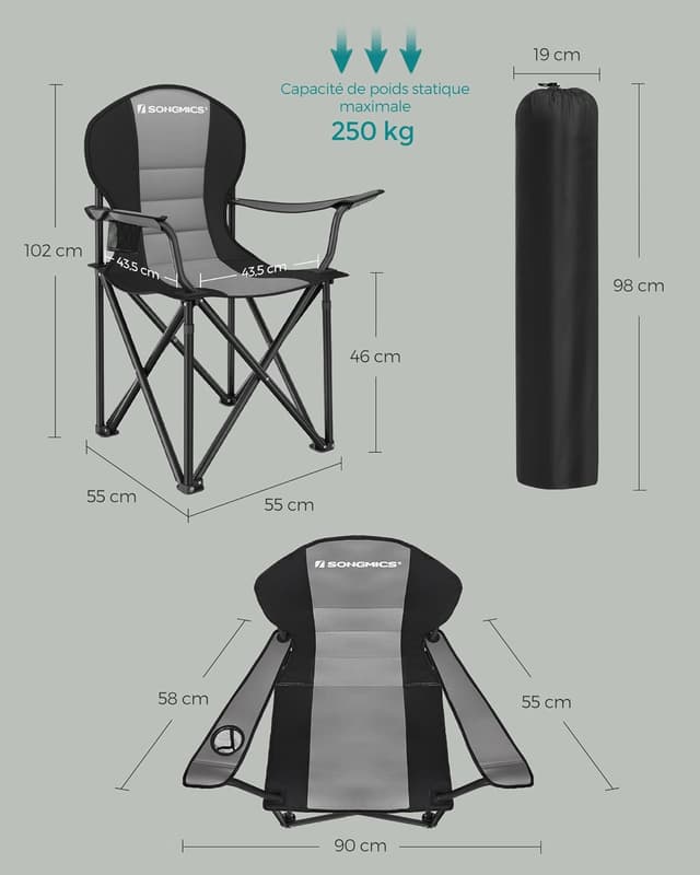 Detalle de SONGMICS Chaise de camping pliable avec assise en éponge et porte-gobelet (jusqu’à 250 kg)