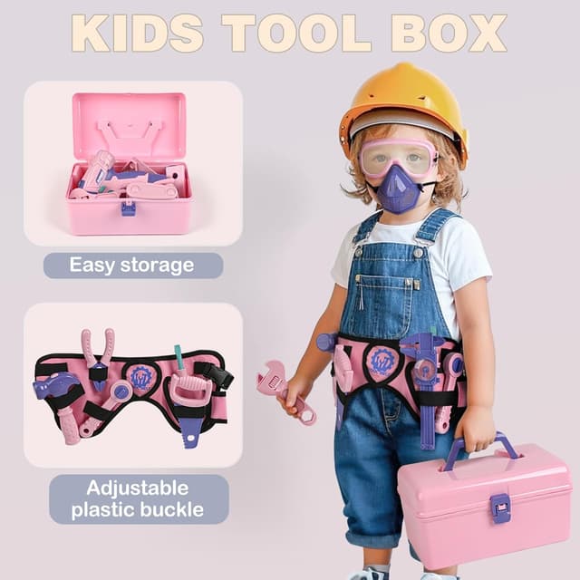 Detalle de Vanplay Kids Tool Set 52-piece pretend play tools kit with drill belt & toolbox (pink)