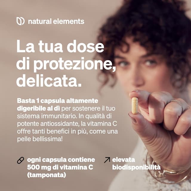 Detalle de Vitamina C tamponata 500 mg Natural Elements – 365 capsule vegane, altamente digeribile