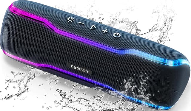 Detalle de TECKNET TK-BS002 Bluetooth 5.4 portable speaker with 30W stereo sound, RGB lights and IPX7