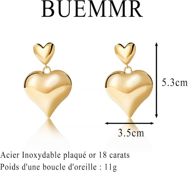 Detalle de BUEMMR boucles d’oreilles pendantes en forme de cœur plaqué or 18 carats en acier inoxydable