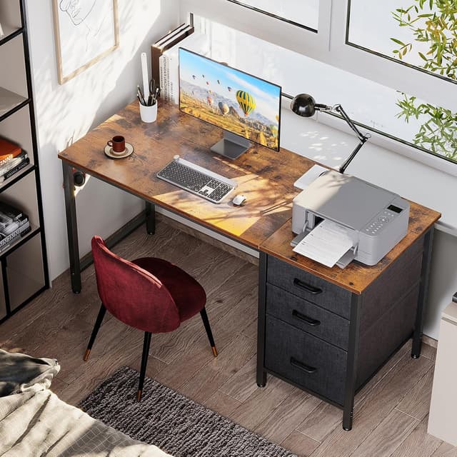 Thumbnail 6 de Coleshome Computer Desk with Drawers (120×48cm) – Vintage Brown, reversible storage and wide legroom