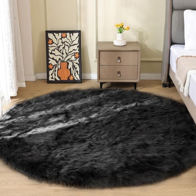 Detalle de ORINOVA tapis rond noir 180 cm en fausse fourrure shaggy