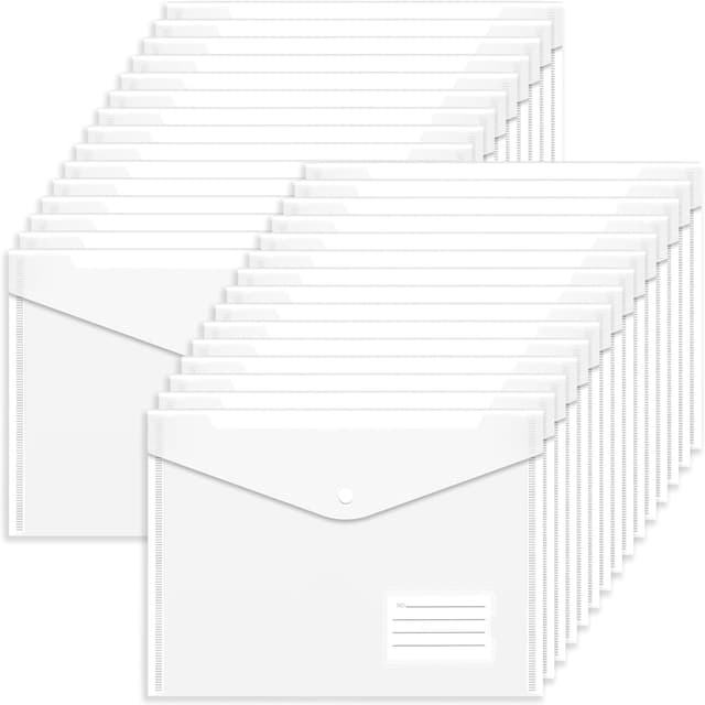 Detalle de A4 Clear Plastic Wallets with Popper Buttons – 30 Pack Document Folders with Label Pockets