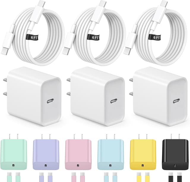 Detalle de iPhone 17/16/15 Fast Charging 20W Type C Wall Charger (3+3 Pack) with 6FT Cable