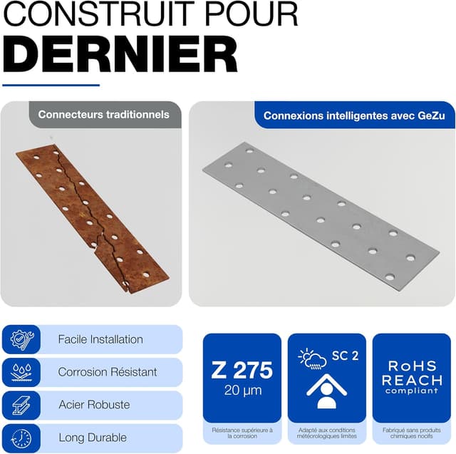 Detalle de GeZu Impex lot de 10 plaques de jonction en métal galvanisé 80 x 300 mm (ép. 2 mm)