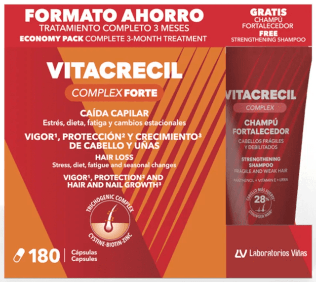 Detalle de Vitacrecil ComplexForte (180 comprimidos) + champú fortalecedor 100 ml