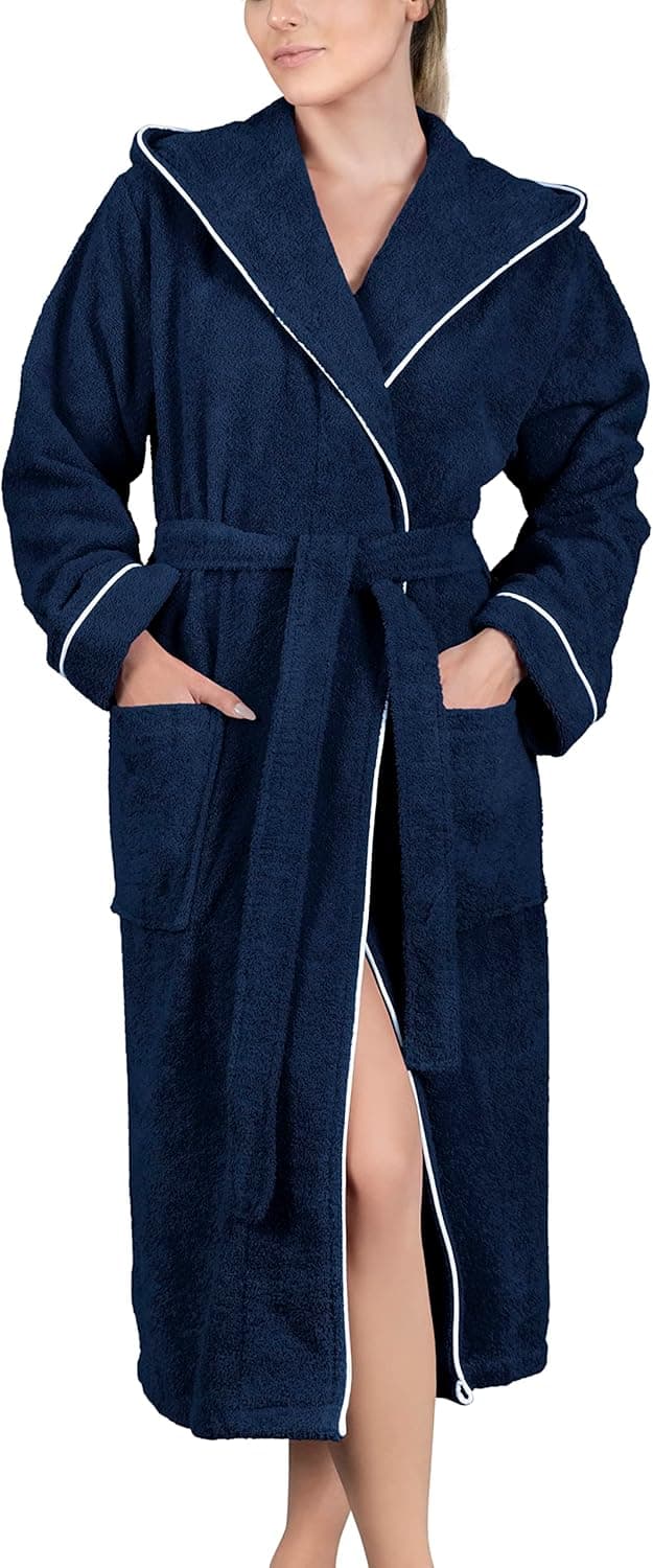 Detalle de LAYNENBURG Damen Bademantel aus Frottee mit Kapuze, lang – 100% Baumwolle (360 g/m²), OEKO‑TEX Standard 100