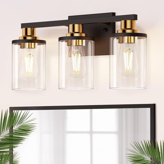 Detalle de DORESshop 3-Light Black and Gold Bathroom Light Fixture (Clear Glass Shades) — ETL Listed, E26