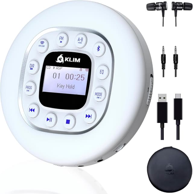 Detalle de KLIM Journey lettore CD HiFi portatile con Bluetooth per auto, FM e slot scheda SD (bianco) – con cuffie incluse