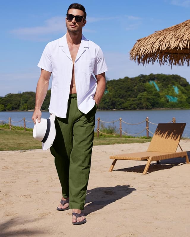 Detalle de YAOHUOLE men’s linen trousers with elasticated waist and drawstring