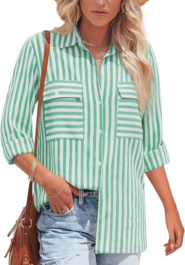 Detalle de NONSAR chemisier à manches longues rayé en coton et rayonne pour femme, col en V boutonné