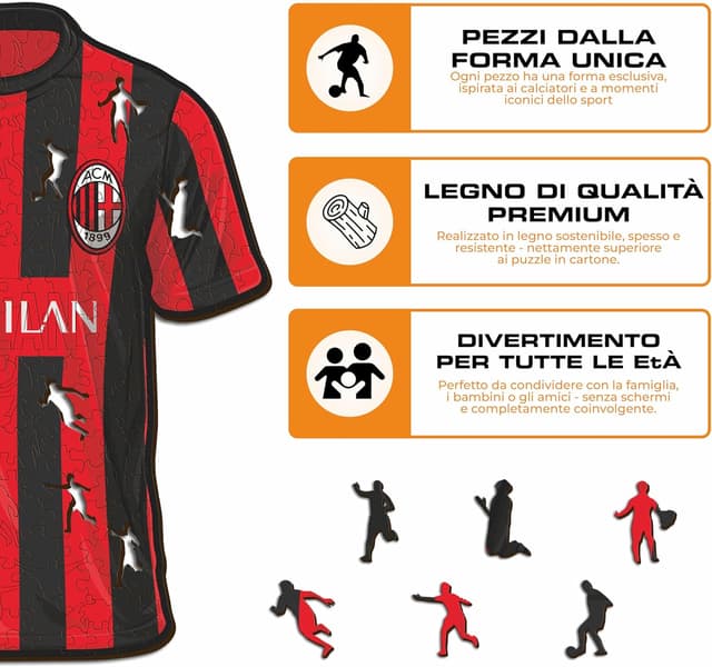 Detalle 2 de Puzzle in legno Iconic Puzzles Milan Jersey, prodotto ufficiale, taglia M da 250 pezzi