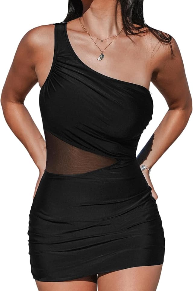 Detalle de Costume da bagno intero donna con collo asimmetrico e monospalla increspata in rete laterale