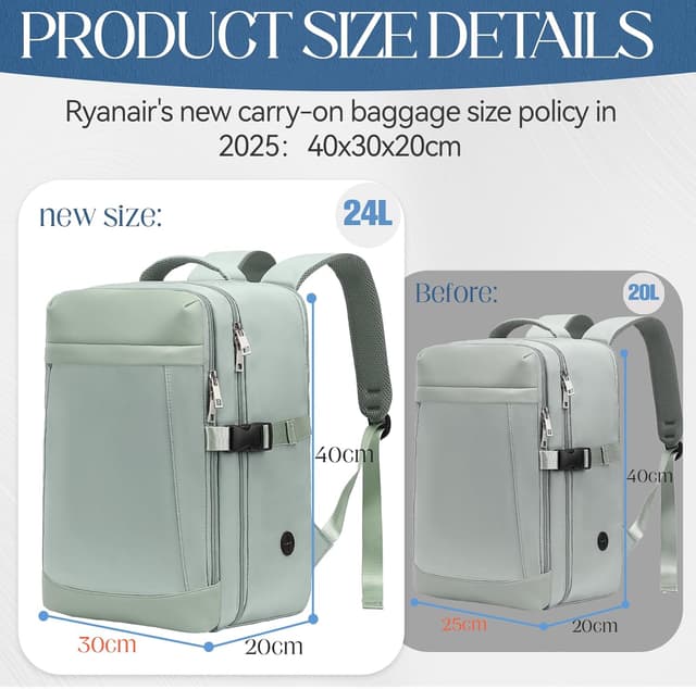 Detalle de Xkdoai for Ryanair Cabin Bags 40x30x20, 24L Travel Backpack Underseat Hand Luggage Carry ons Airplanes Flight Bag Suitcases for Men Women, Mint Green