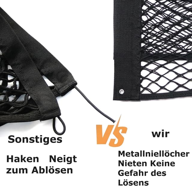Detalle de Kofferraum Taschen Auto Klett – Gepäcknetz & Organizer (2er Set) mit 3 Montagearten und verstärkten Metallösen