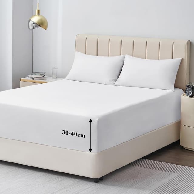 Detalle de Aisbo King Size Extra Deep Fitted Sheet in White (16 inch / 40 cm pocket) – Brushed Microfibre