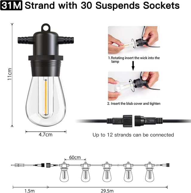 Detalle de GlobaLink Catena Luminosa LED da esterno collegabile S14 con 30+2 lampadine PET infrangibili, IP65
