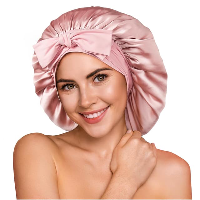 Detalle de YFONG 100% 22 Momme Mulberry Silk Bonnet (Double Layer) — Non-Slip Sleep Cap Turban with Elastic Tie, Pink