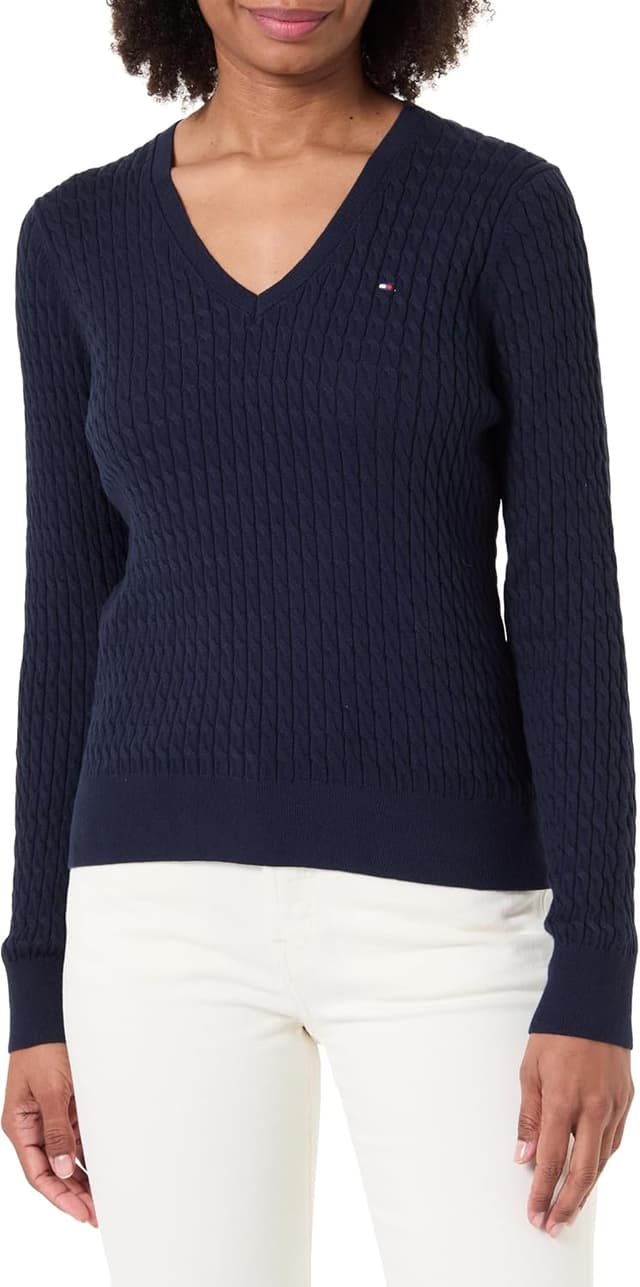Detalle 2 de Tommy Hilfiger Women’s Co Cable Fine GG V-neck Long Sleeve Pullover Sweater (WW0WW44987)