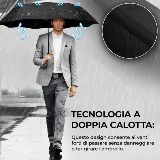 Detalle de Wilford & Sons Ombrello pieghevole portatile antivento con apertura/chiusura automatica e doppio tetto