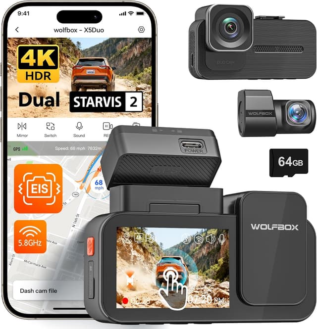 Detalle de WOLFBOX X5 Duo Front and Rear Dash Cam (4K 30fps + 2.5K 30fps) with GPS, 5.8GHz Wi‑Fi, 64GB Card