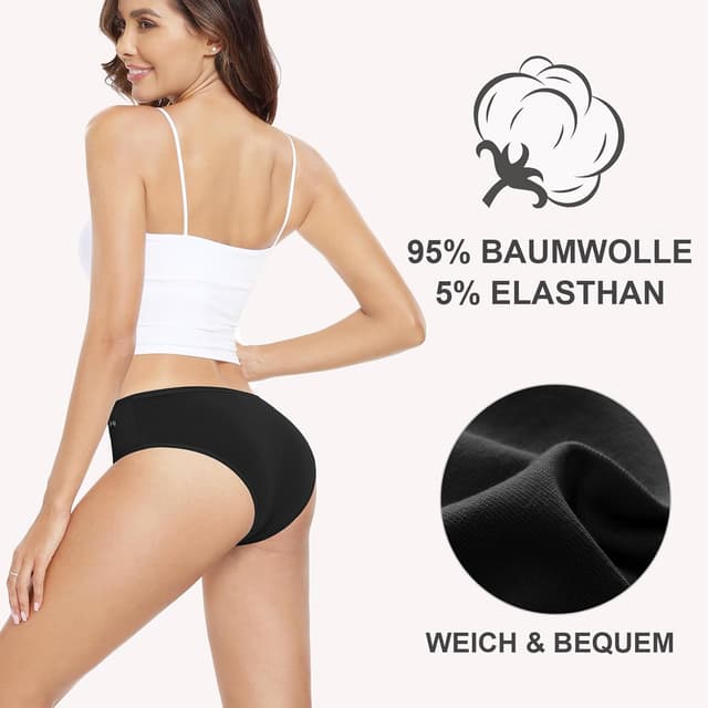 Detalle de Anqier Damen-Unterhosen im 6er-Pack aus Baumwolle (95 % Baumwolle/5 % Elasthan) – bequeme Hipster-Slips