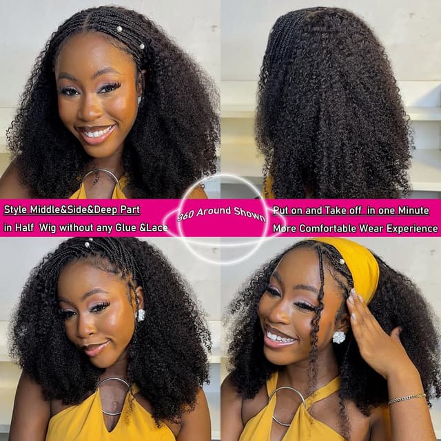 Detalle de yeelice hair Kinky Curly Half Wig Human Hair (200 Density, 3-in-1) Seamless Flip Over Glueless Wear and Go