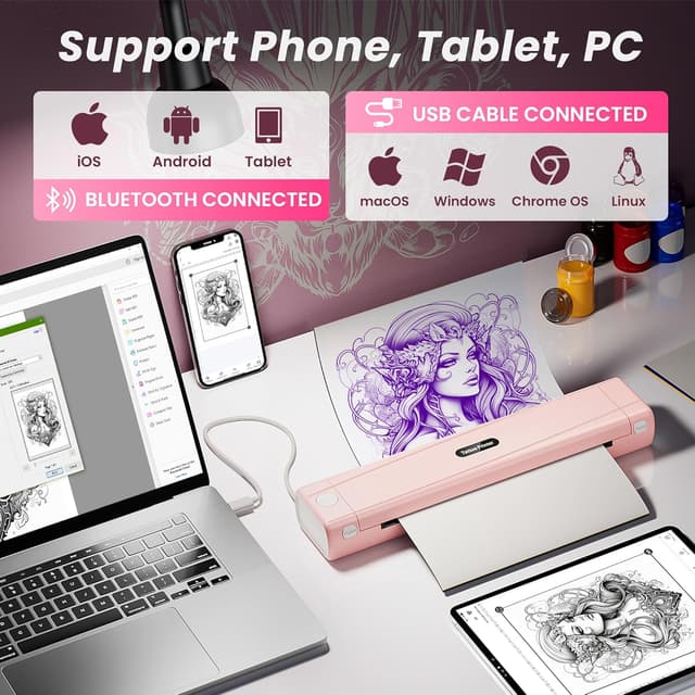 Detalle de TATTMUSE Tattoo Drucker Bluetooth A887 – Schablone für Tattoo Transfer, inkl. 10 Papier (rosa)
