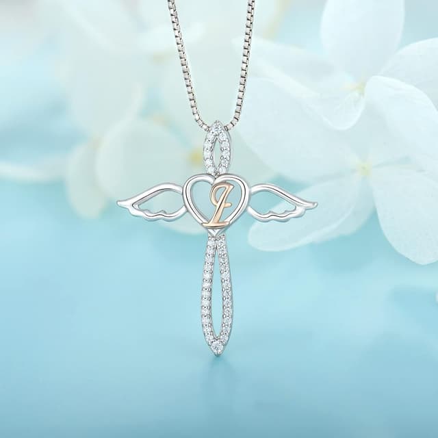 Detalle de FJ Initialen-Kette „Buchstabe K“ mit Schutzengel-Anhänger aus 925 Sterling Silber und Zirkonia