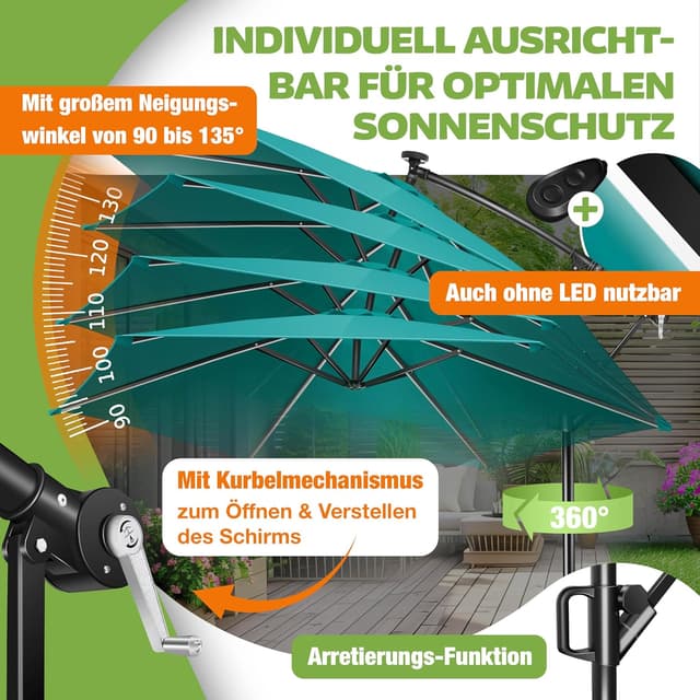 Detalle de KESSER Alu Ampelschirm LED Solar inkl. Abdeckung, Fernbedienung & Kurbelschirm – 360°-Funktion, wasserabweisend
