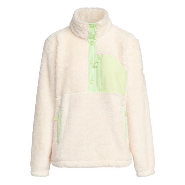 Detalle de Roxy Alabama: forro polar de mujer con cuello alto y tecnología WarmFlight