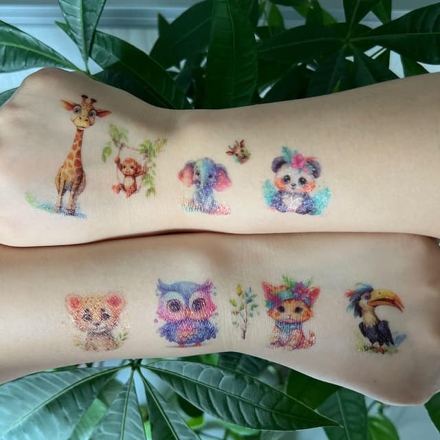 Detalle de JOJOLUXE Tiere Glitzer Tattoo Set Kinder (12 Blätter) – hautfreundliche temporäre Fake-Tattoos mit Glitter