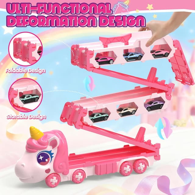 Detalle de maysida Unicorn Transport Truck with 6 Race Cars (Portable, Foldable) for Age 3–9