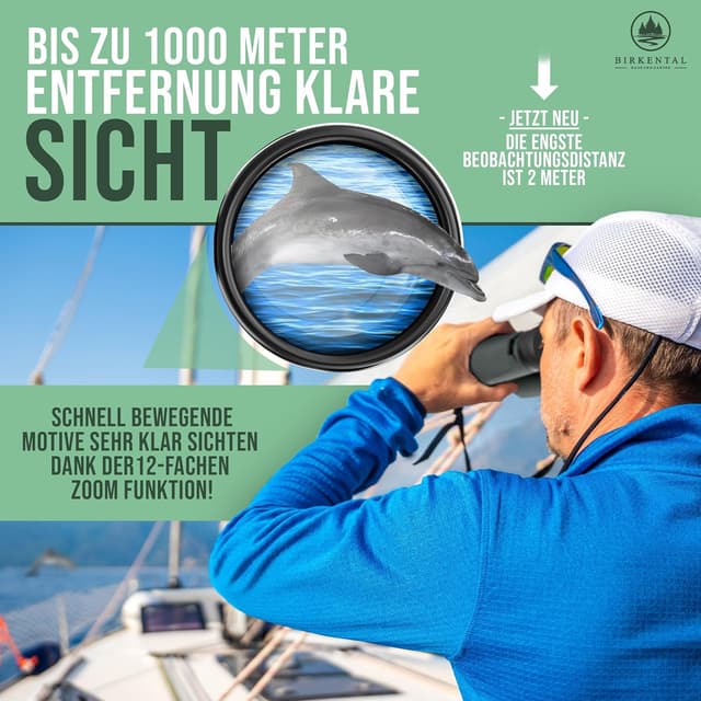 Detalle de Birkental Fernglas für Erwachsene 12x42 inkl. Zubehör – wasserdicht, leicht & kompakt (grün)