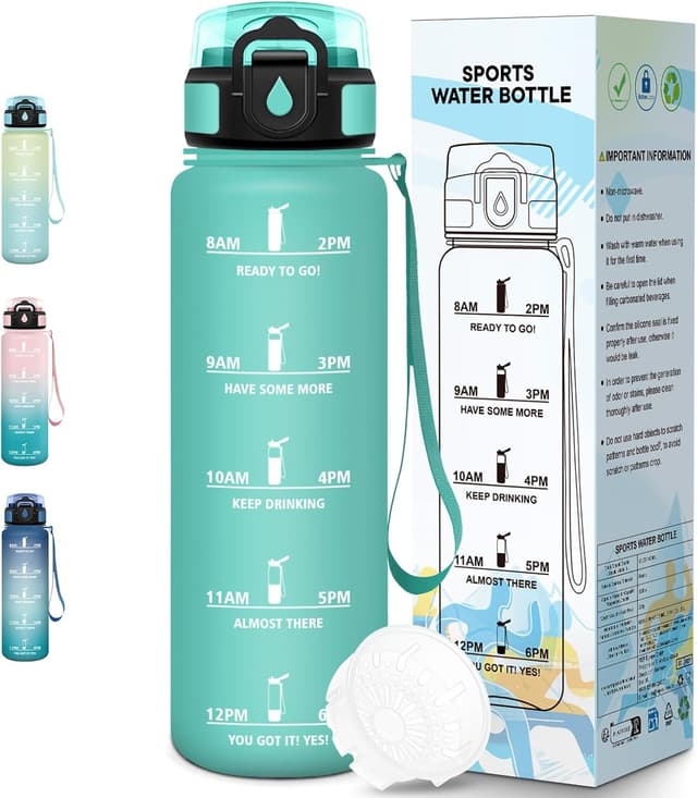 Detalle de Baramumu Borraccia Sport 1000 ml senza BPA con indicatore del tempo e citazioni motivazionali – blu & verde