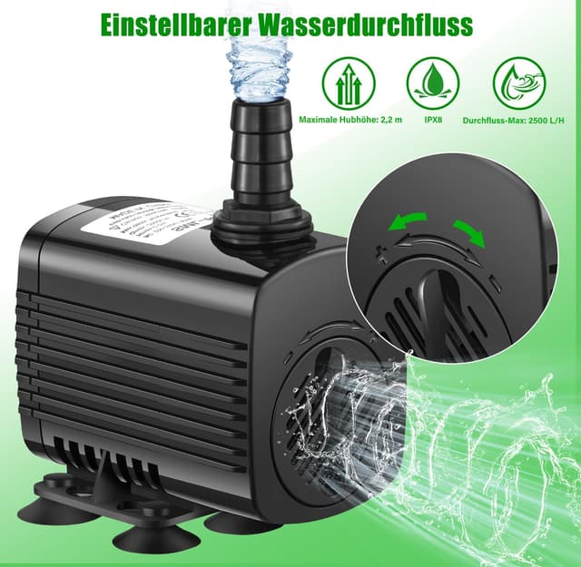 Detalle 2 de Lnicez Aquarium Pumpe 30W mit bis zu 2.500 l/h, Tauchpumpe für Aquarium, Teich & Brunnen