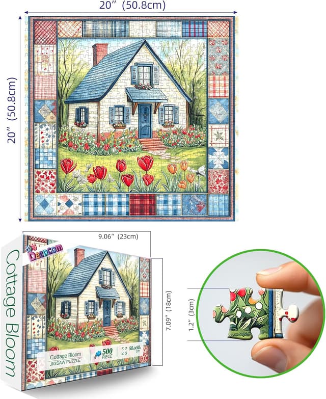 Detalle 2 de Cottage Bloom 500-Piece Jigsaw Puzzle for Adults (20 x 20 in) — Cozy Country House & Tulip Garden Scene