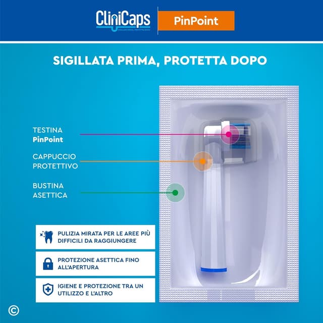 Detalle 2 de 16 testine spazzolino elettrico CliniCaps PinPoint (compatibile Oral-B) con bustina asettica e cappuccio protettivo