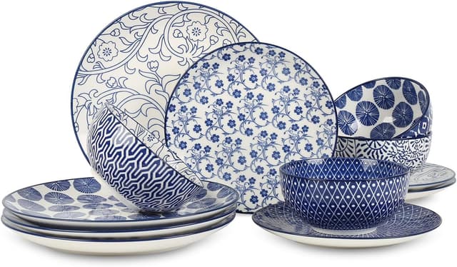Detalle de Selamica Vintage Blue 12-Piece Ceramic Dinnerware Set (Plates & Bowls for 4)