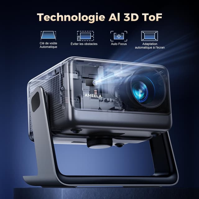 Detalle 2 de Projecteur portable AMEELA 30000 lumens avec WiFi, Bluetooth 5.2, auto-focus et correction trapézoïdale