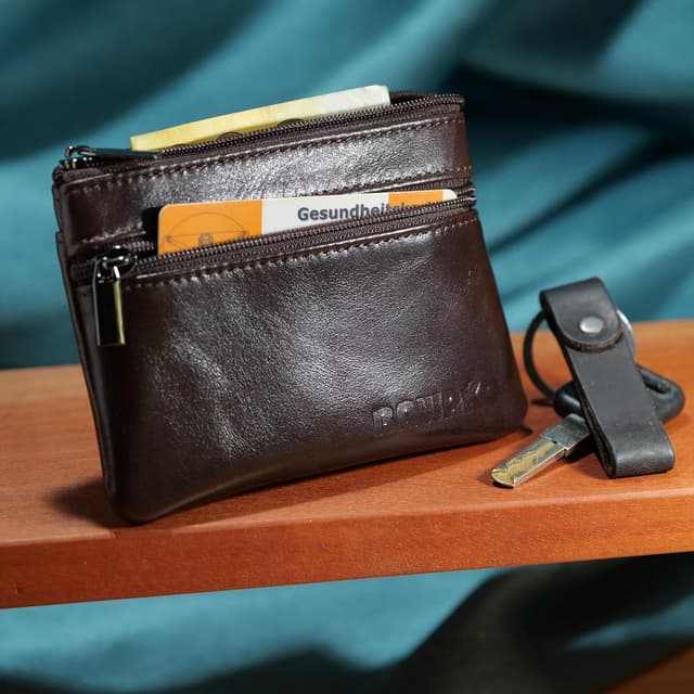 Thumbnail 6 de BAWAKO portamonete in vera pelle marrone, 3 scomparti con chiusura a cerniera e portachiavi mini portafoglio