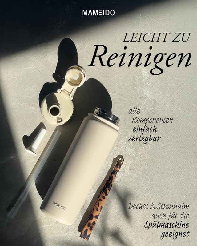 Detalle 2 de MAMEIDO Thermosflasche mit Strohhalm (1,2 l) – auslaufsicher, Edelstahl isoliert, BPA-frei