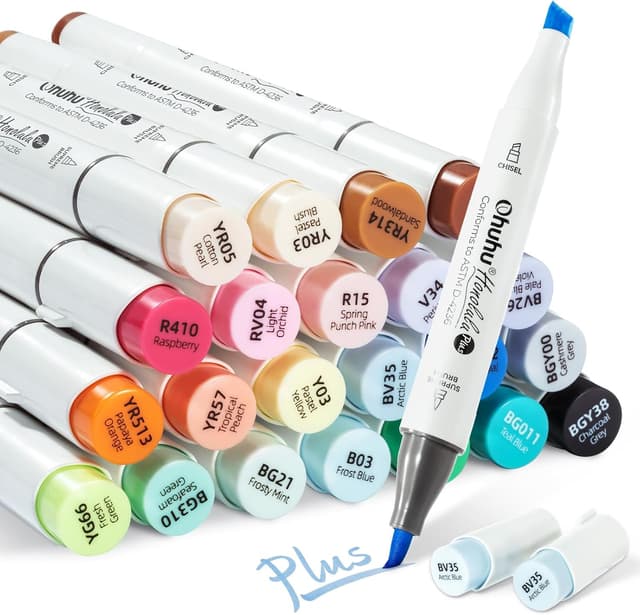 Detalle de Ohuhu Alcohol Markers Supreme Brush & Chisel (Honolulu Plus) – 24 colours + 1 blender, refillable dual-tip pens