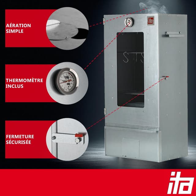 Detalle de ITA Fumoir Électrique 7000 : ensemble smoker à 3 niveaux avec chauffage, générateur de fumée et fenêtre